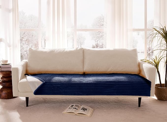 Dual Non-Slip Couch Cover for Dogs Waterproof, Fuzzy Soft Pet Couch Covers for Sofa 3 Cushion, Pet Friendly Soft Dog Bed Covers Sofa Cover Washable (Navy Blue, 33" x 85" 1 Pack)