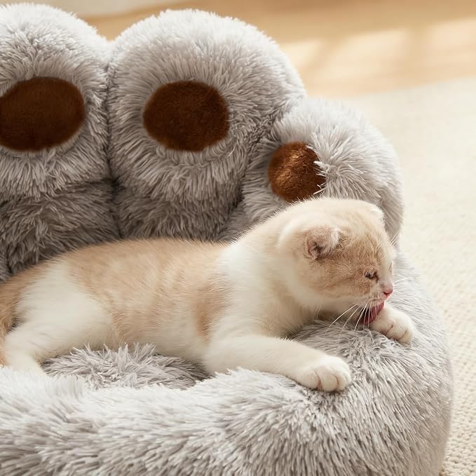 Cat Paw Shaped Cat Bed, Long Plush Calming Cat Bed for Indoor Cats, Washable Pet Bed with Anti-Slip Bottom, Soft Cozy Bed for Small Medium Large Cats & Dogs (Grey, X-Large)