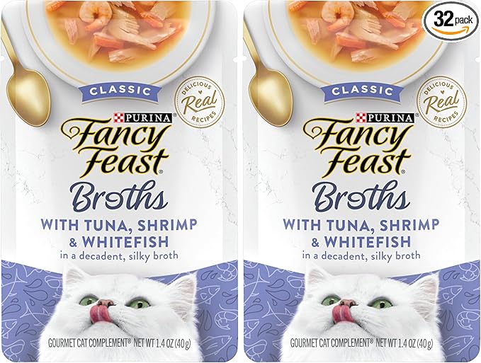 Fancy Feast Purina Broths Classic Cat Food Topper with Tuna, Shrimp, and Whitefish - 1.4 oz. Pouches (Pack of 32)