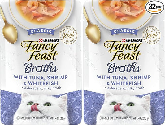 Fancy Feast Purina Broths Classic Cat Food Topper with Tuna, Shrimp, and Whitefish - 1.4 oz. Pouches (Pack of 32)