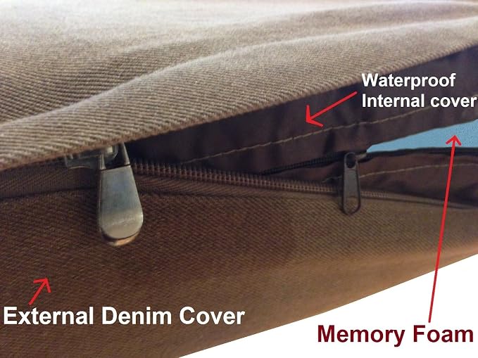 Dogbed4less Extra Large Orthopedic Waterproof Durable Dog Bed for Medium to Large Dogs with Cool Memory Foam Pad, Denim in Brown, Fit 48X30 Crate