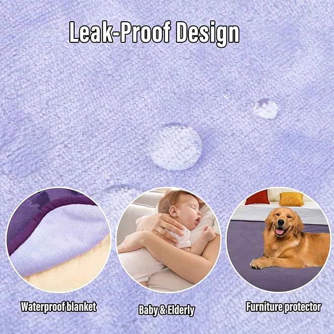 Ahinahwap Waterproof Blanket for Bed Couch Sofa, Reversible & Reusable Cat, Dog Blanket Waterproof Washable, Small Water Resistant Blankets, Leakproof (40"x60", Deep Purple/Light Purple)