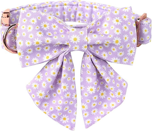 Lionet Paws Spring Dog Collar with Sailor Bow, Soft Comfortable Adjustable Cute Daisy Collar for Large Dogs, Neck 16-24 inches