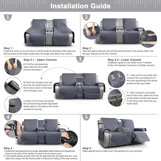 TAOCOCO Loveseat Recliner Cover with Console, Non-Slip Split Reclining Pet Cover for Dual Loveseat Recliner, Furniture Protector with Elastic Straps (2 Seater, Dark Grey)
