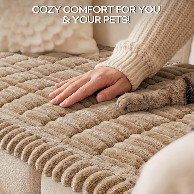decorUhome Non-Slip Fuzzy Couch Cover for Dogs, Soft Thick Washable Pet-Friendly Protector, Sofa Slipcover for 2 Cushion Sofa/Loveseat, Khaki, 27.6" x 59"
