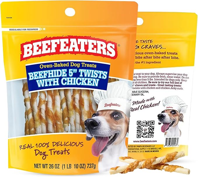 Beefeaters Beefhide 5in Twist Sticks with Real Chicken 26oz - Dog Rawhide Chews for Clean Teeth & Training, High Protein Dog Treat Chews, Chicken Wrapped Rawhide Sticks, No Artificial Colors or Flavor