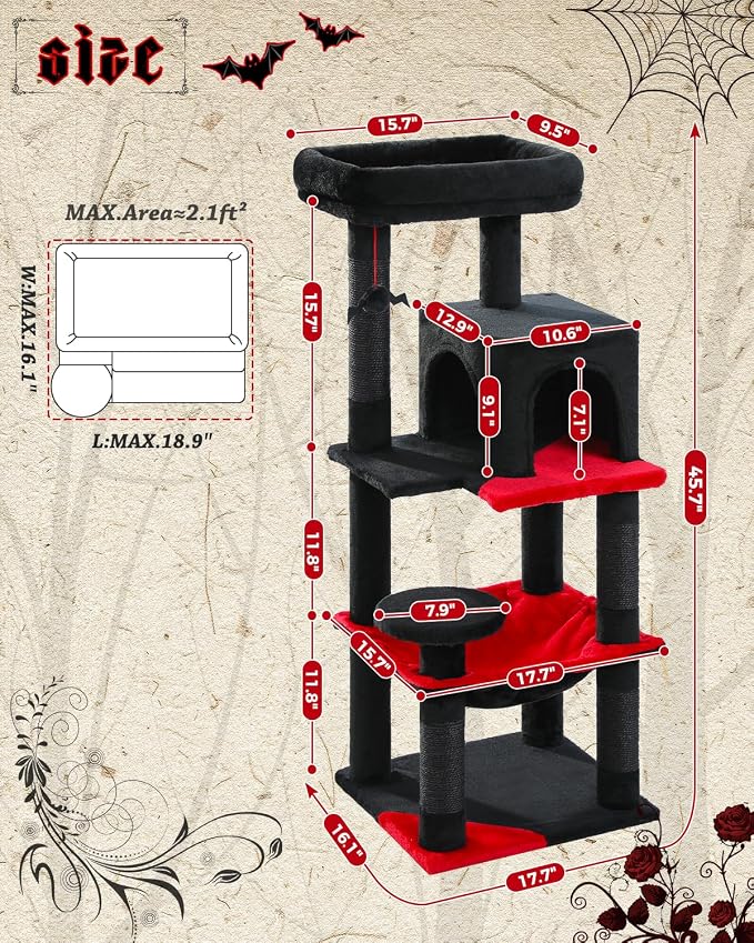 MUTTROS Gothic Cat Tree with Super Large Hammock, 45.7" Black Cat Tower with Coffin Bed, Cat Condo, Sisal Scratching Posts & Top Perch, Multi-Level Goth Cat Tree, Halloween, Black