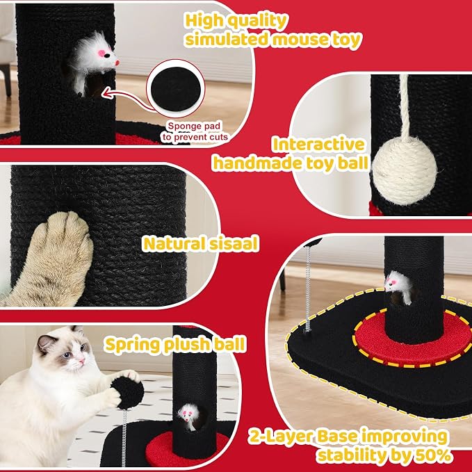 Tall Cat Scratching Post for Indoor Cats Adults, Cat Scratch Post with Sisal Rope Claw Scratcher, Solid Wood Cat Tower with Scratching Post and Cat Toys Mouse Hole, Goth Small Cat Tree (Gothic)
