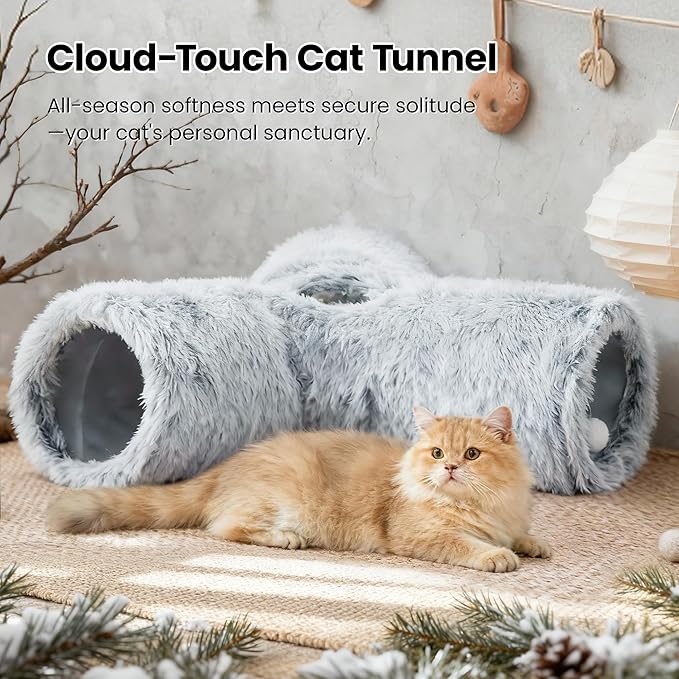 Tempcore Plush Cat Tunnel for Indoor Cats, 3 Way Collapsible Pet Play Tunnel with Teaser Wand, Peek Holes & Hanging Ball, Interactive Tube for Kittens & Rabbits, Light Grey