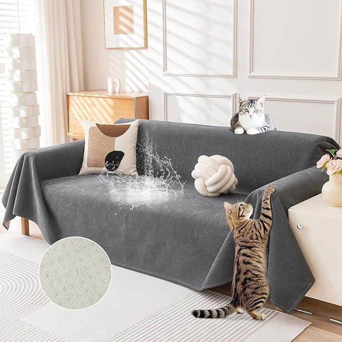Deep Dream Cat-Scratch Resistant Couch Cover, Waterproof Sofa Cover for 2 Cushion Couch Washable, Pet Friendly Couch Protectors Anti Slip Thickened Slipcovers for Dogs Pets, 71" x 102", Dark Grey