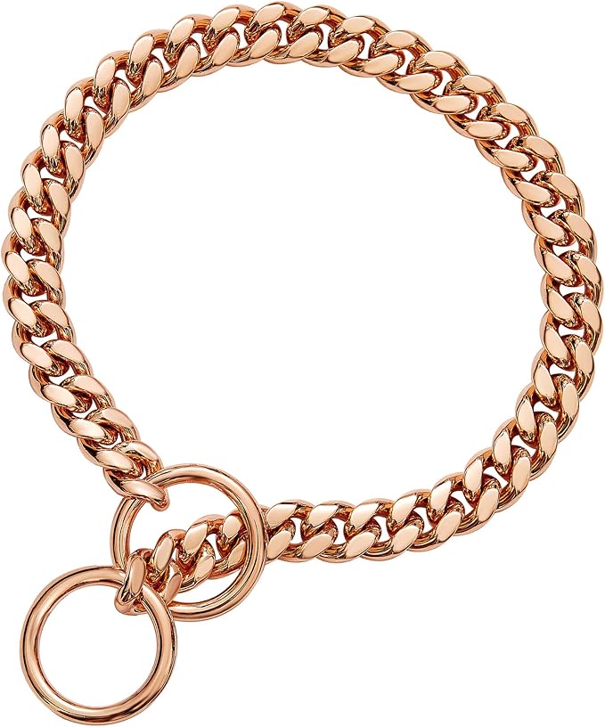 txprodogchains Rose Gold Chain Dog Collar 10MM Cuban Link Chain Stainless Steel Metal Links Walking Training Collar for Small Medium Large Dogs 10in to 29in