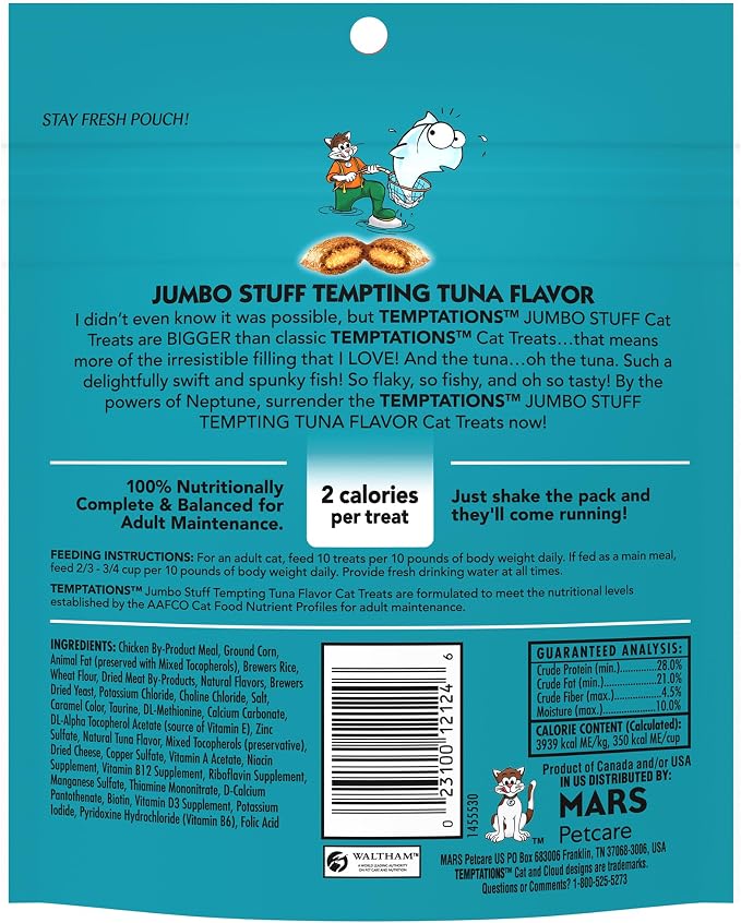 Temptations Jumbo Stuffed Cat Treats, Crunchy and Soft Cat Treats, Tempting Tuna Flavor, 5.3 oz. Pouch (Pack of 10)