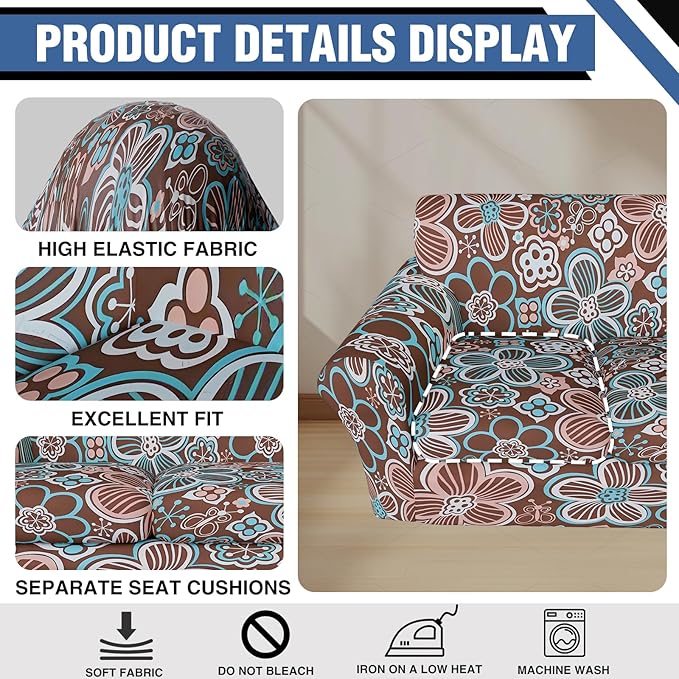 Stretch Couch Covers for 3 Separate Cushion Couch Sofa,Floral Printed Couch Sofa Cover,Washable Sofa Slipcover,Pet Friendly Furniture Protector with Elastic Bottom,Universal Fit for Home(Sofa,Cover)