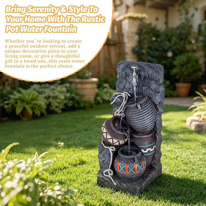 24.4" H Water Fountains Outdoor Indoor, Garden Fountains,Rustic Stacked Pot Waterfall Fountain with LED, Floor-Standing Water Feature for Patios Porch Backyards