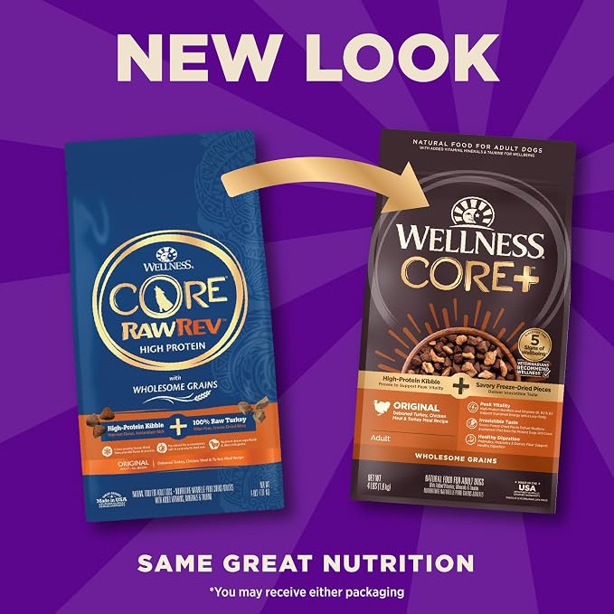 Wellness CORE+ Adult Dry Dog Food with Freeze Dried Pieces, Wholesome Grain Kibble+, Natural, High Protein, Turkey and Chicken Recipe, 4 lb Bag
