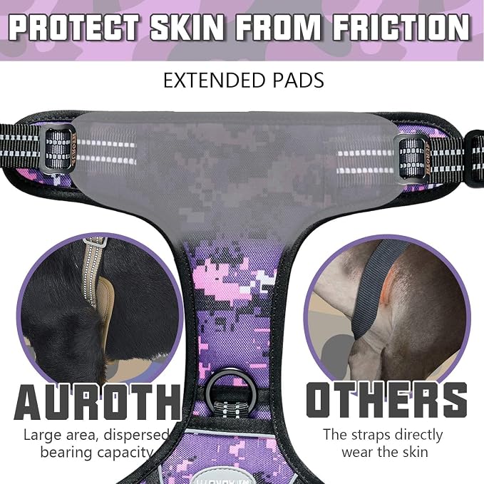 AUROTH Tactical Dog Harness for Small Medium Large Dogs No Pull Adjustable Pet Harness Reflective K9 Working Training Easy Control Pet Vest Military Service Dog Harnesses (XL, Purple Camo)
