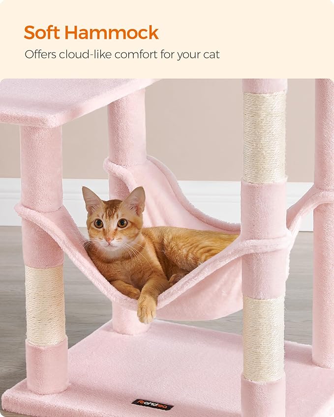 Feandrea Cat Tree, 54.2-Inch Cat Tower, Plush Multi-Level Condo with 4 Scratching Posts, 2 Perches, Hammock, Cave, Jelly Pink UPCT161P01