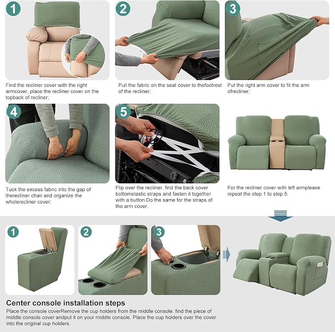 Genina Recliner Loveseat Covers with Console, Stretch Reclining Sofa Covers, 2 Seater Couch Cushion Stripe Jacquard Recliner Slipcovers - Furniture Protector Covers for Pet(Light Blue)