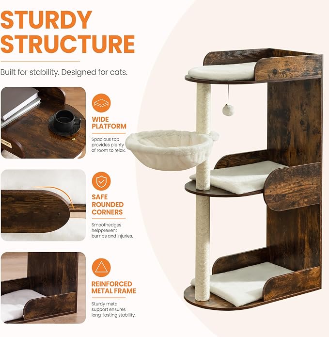 Modern Wood Cat Tree Tower for Indoor Large Cats, Cat Scratching Posts with Big Perch Bed, 44.8" Tall Multi-Level Wooden Cat Condo with Hammock, Removable Pads, Kitty Furniture, Rustic Brown