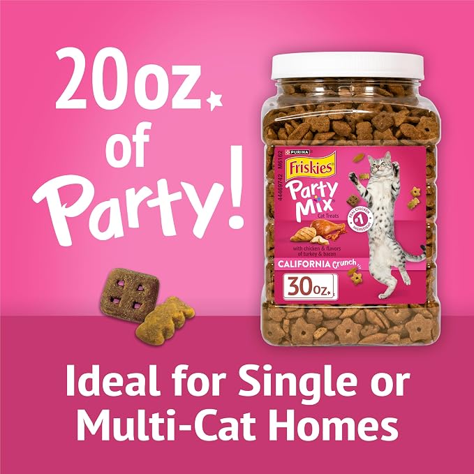 Friskies Purina Party Mix California Crunch with Chicken and Flavors of Turkey and Bacon Cat Treats - 20 oz Canister (Pack of 2)
