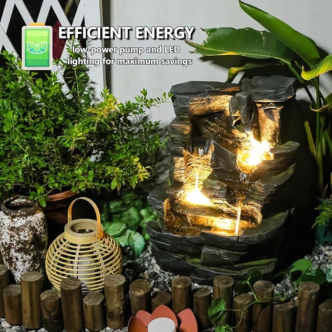 Sunlinua 23.6" H Outdoor Water Fountain with 5 Tiers Cascading Realistic Rock Waterfall Fountains with LED Lights Outdoor Water Fountain for Garden Patio Backyard Porch Home Decor