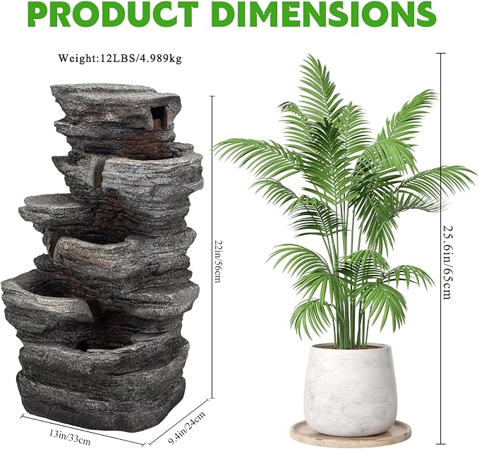Solarbloom Outdoor Water Fountain with LED Lights, 5-Tier Spiral Cascading Stacked Waterfall Fountain Freestanding Resin Water Feature for Patio, Garden, Backyard, Deck