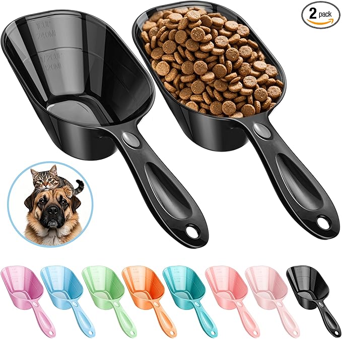 Food Scoop With Measuring Lines 2 Pack Black For Dog, Cat, Puppy, Coffee Bean, Flour Scoop, Ice
