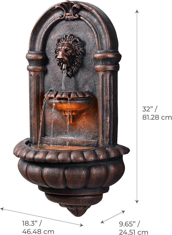 Teamson Home 32.1 in. Wall-Mounted Lion Head Stone LED Outdoor Water Fountain for Gardens, Landscaping, Patios, Balconies, Lawns to Create a Calming Oasis in Outdoor Living Spaces, Antique Bronze
