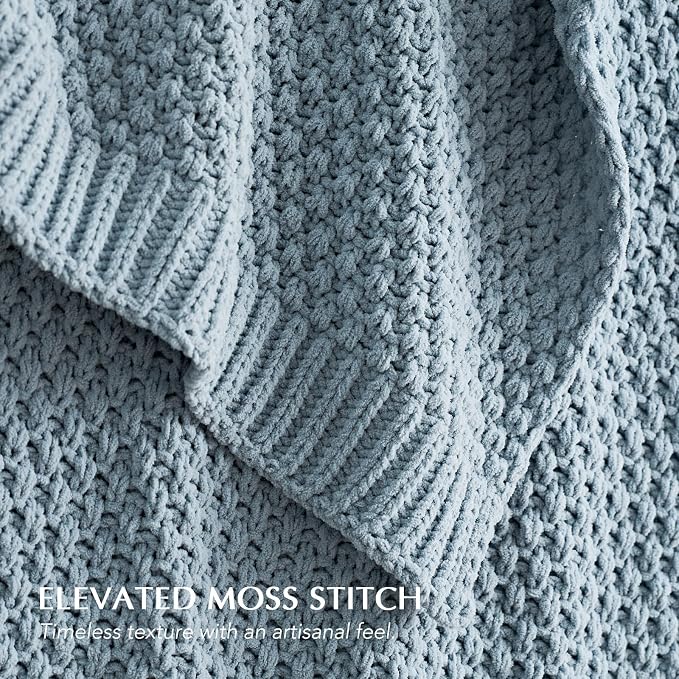 EVERGRACEHOME Chunky Polyester Knit Throw Blanket for Couch, Soft Luxurious Oversized King Moss Stitch Blanket for Bed, Large Cozy Farmhouse Knitted Throw for Sofa, Chambray Blue, 108" x 92"