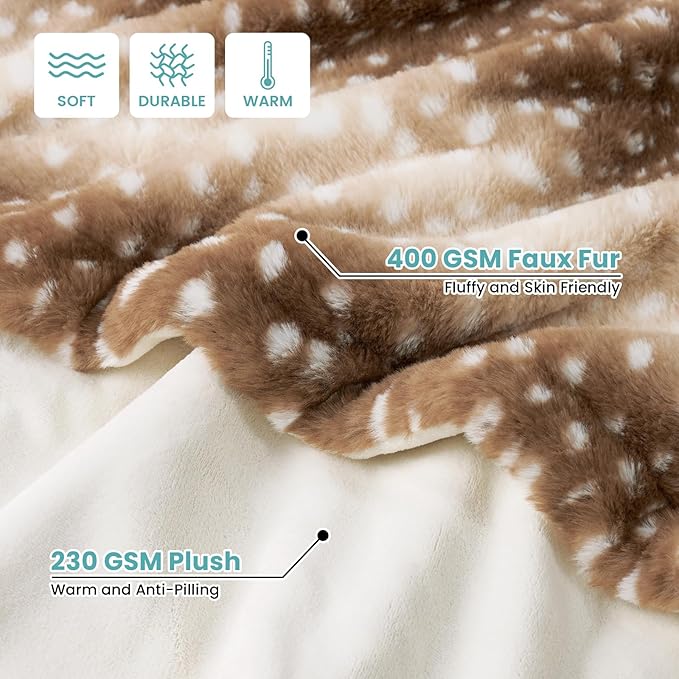 COZY KISS Waterproof Pet Blanket, Christmas Deer Print Blanket for Bed Couch Protector, Reversible Washable Plush Dog Faux Fur Throw for Puppy, Double Sided Cat Blanket, 30x40 inch, Brown