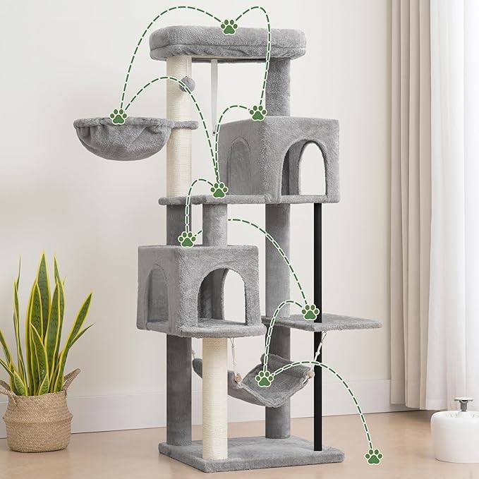 Gitelsnour 51.2'' Cat Tree Tower, Cat Tower with Scratching Post, Sturdy Steel Pube Cat Tree for Inoor Cats Large Adult, Cat Hammock and Basket, Padding Top Platform, Light Gray GCT014W