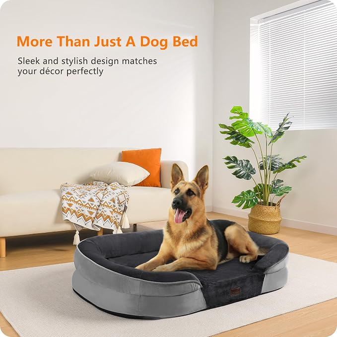 Dwanton Orthopedic Dog Bed for Extra Large Dogs with Gel Memory Foam, Waterproof Dog Sofa, Washable Pet Bed with Four Sided Bolster Cushion, Removable Cover & Non-Slip Bottom, 45", Dark Grey