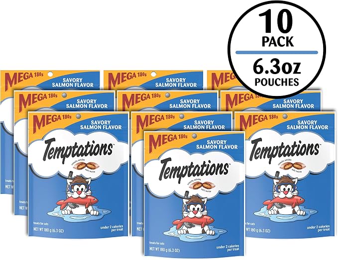 Temptations Cat Treats Classic Crunchy and Soft Cat Treats, Savory Salmon Flavor, 6.3 oz. Pouch (Pack of 10)