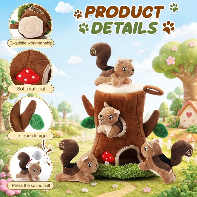 Skylety 7 Pieces Hide and Seek Dog Toys Activity Puppy Chew Squeaky Toys Plush Stuffing Woodland Stuffing with Squeakers for Small Medium Pets Dogs Puppy Gift (Squirrel,Small)