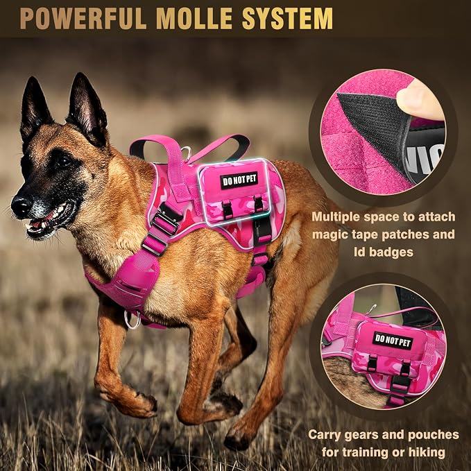 WINSEE Tactical Dog Harness for Medium Dog, Heavy Duty Service Working MOLLE Vest with 10 Pet Patches, 2X Metal Buckle Vest for Training Hunting Walking