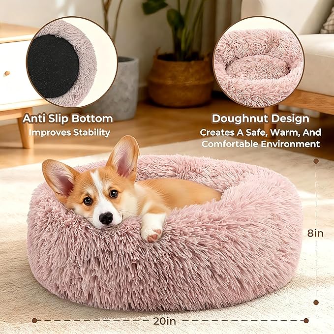 Calming Donut Dog and Cat Bed for Indoor Cats, Anti-Anxiety Round Fluffy Soft Washable Small Pet Bed for Puppy and Kitten, Warming Comfortable Luxury Anti-Slip Waterproof Mute Base 20in Pink