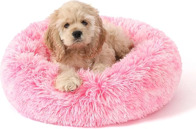 NOYAL Calming Donut Dog Bed for Small to Medium Dogs & Cats - Plush Faux Fur Anti-Anxiety Pet Bed with Machine Washable Cover & Non-Slip Base