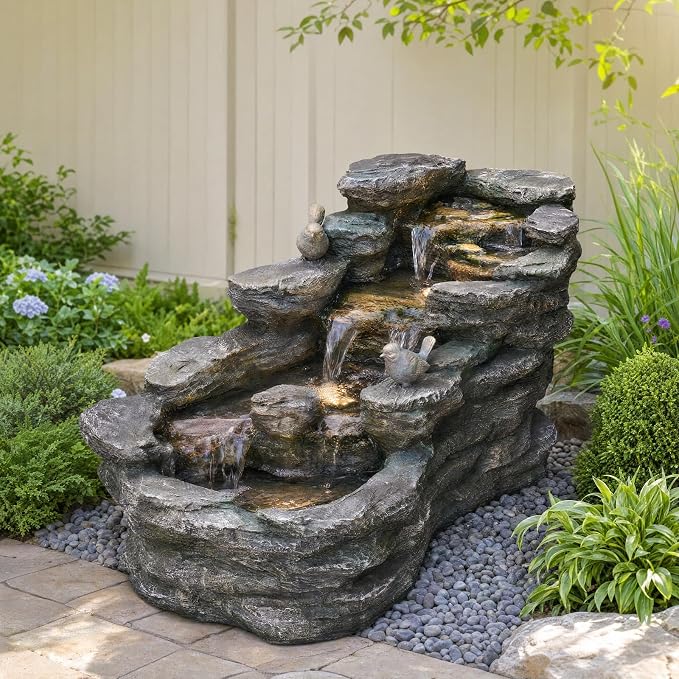 YZM 36.61" Outdoor Water Fountain with LED Lights, 5-Tier Cascading Rock Waterfall Fountain, Freestanding Resin Garden Fountain for Patio, Yard, Porch, Backyard and Indoor Decor