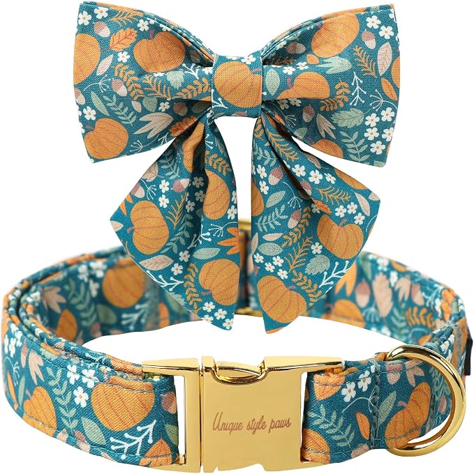 Unique style paws Cartoon Dog Collar with Bowtie Autumn Halloween Puppy Collar with Green Pumpkin for Small Medium Large Boys Girls Dogs