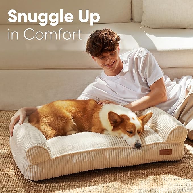 FUKUMARU Cute Dog Bed, Thickened Orthopedic Dogs Couch, 36in Egg Crate Foam Pet Sofa for Medium to Large Dogs, Waterproof Warm Corduroy Pet Bed with Washable Cover, Cream