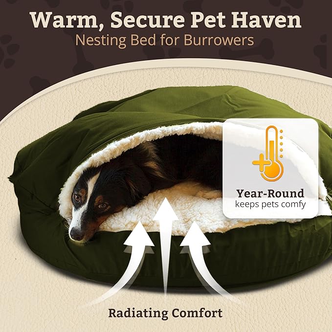 Snoozer Cozy Cave Dog Bed - Indoor Dog Bed with Cover Cave, Covered Calming Burrow for Small Sized Pets with Blanket Attached, Enclosed, Removable Washable Cover - Small, Olive