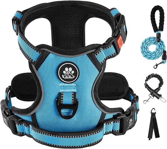 IVY&LANE No Pull Dog Harness for Medium Dogs, Dog Vest Harness with Leash, Safety Belt and Storage Strap, Fully Adjustable, 360° Reflective Strip, Soft Handle (Blue, M)
