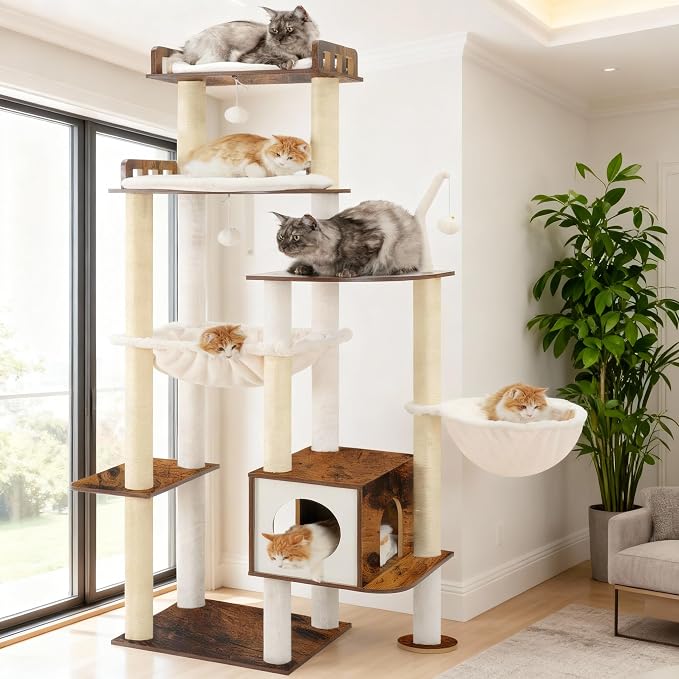 Heybly Cat Tree, 70.5 Inch Wood Tall Cat Tower for Large Indoor Cats with Extra Stable Structure, Modern Cat Furniture with All-Sisal Scratching Posts, Cat Condo & Hammocks, Rustic Brown HCT121SR