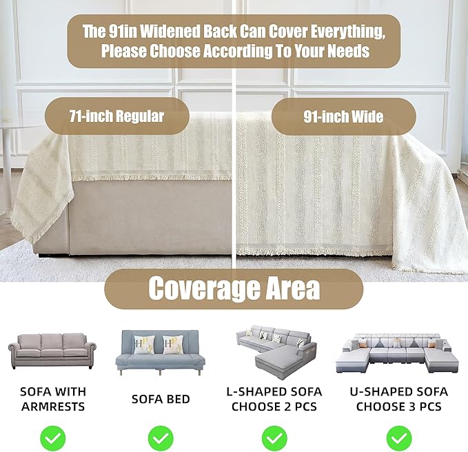 Couch Cover for Dogs Washable Sofa Cover, Sectional Couch Covers, Sofa Covers for 2 Cushion Couch, Non Slip Stripe Sofa Slipcovers Furniture Protector (Beige, 91 * 71)