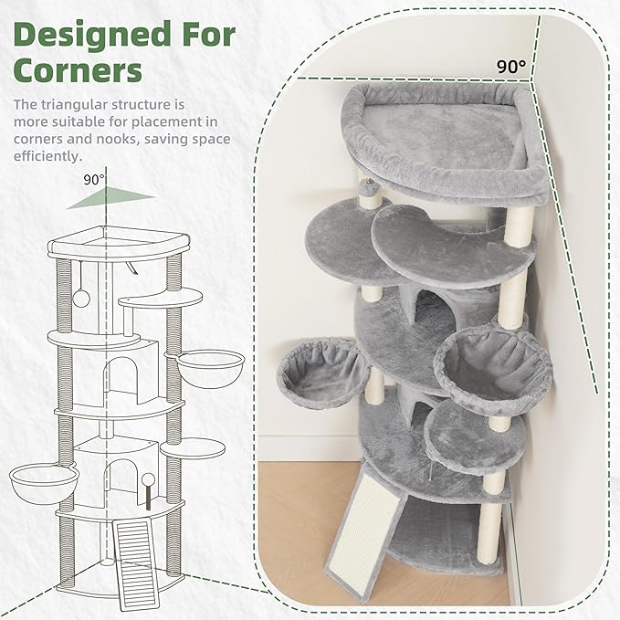 Gitelsnour Corner Cat Tree for Indoor Cats, Cat Tower with All Sisal Scratching Posts, Multi-Level Cat Condo wth 2 Large Cat Caves, Big Top Perch, 2 Hanging Baskets, Sisal Ramp, Light Gray GCT035W