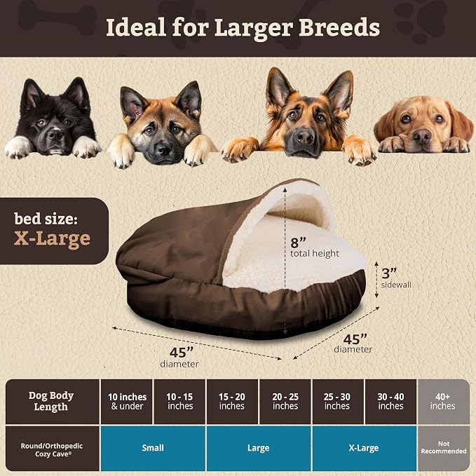 Snoozer Cozy Cave Dog Bed - Indoor Dog Bed with Cover Cave, Covered Calming Burrow for Medium & Large Sized Pets with Blanket Attached, Enclosed, Removable Washable Cover - XL, Hot Fudge