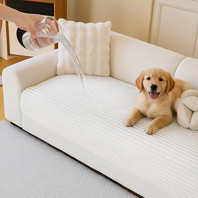 MYSKY HOME 100% Waterproof Couch Cover for Dogs Washable, Non Slip Couch Covers for 2 Cushion Sofa Pet Friendly, Thick Soft Sofa Covers Slipcovers Blanket Dog Bed Cover, Cream, 35"x63"