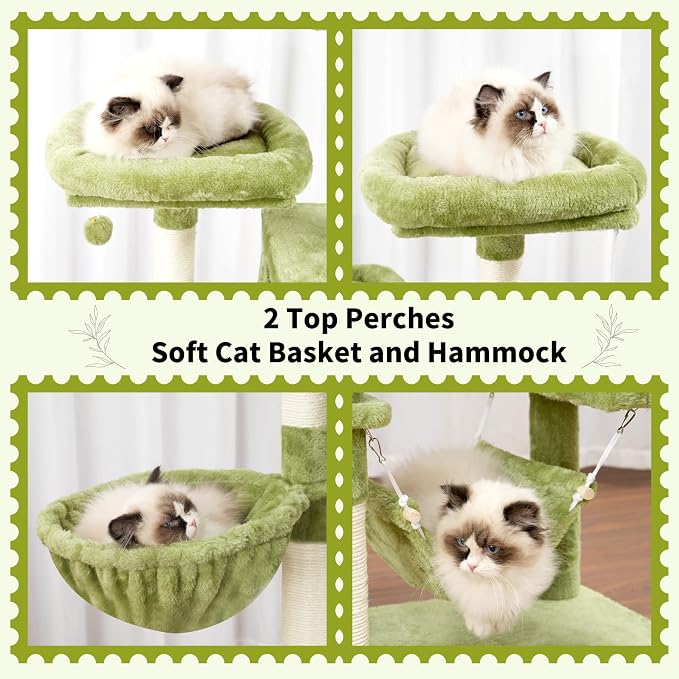 Gitelsnour Cat Tree for Indoor Cats, 71'' (180cm) Multi-Level Cat Tower for Large Adult, Sturdy Cat Tree House with 2 Scratching Boards 7 Posts, 2 Plush Perches/Condos, Hammock, Green GCT032GR