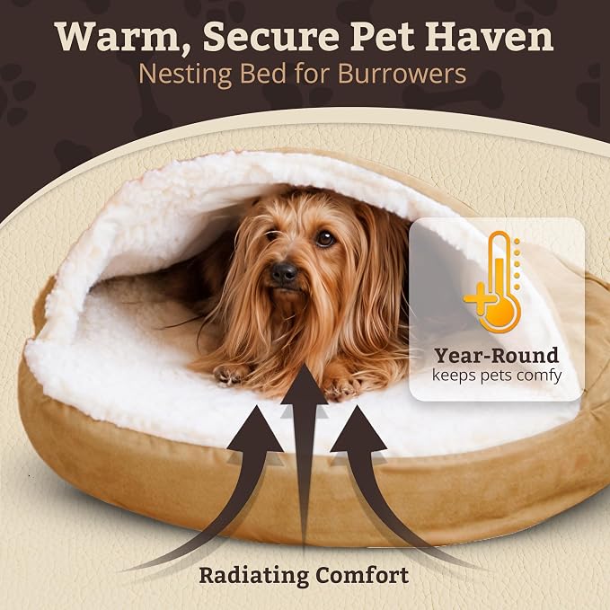 Snoozer Cozy Cave Dog Bed - Indoor Dog Bed with Cover Cave, Covered Calming Burrow for Small Sized Pets with Blanket Attached, Enclosed, Removable Washable Cover - Small, Camel
