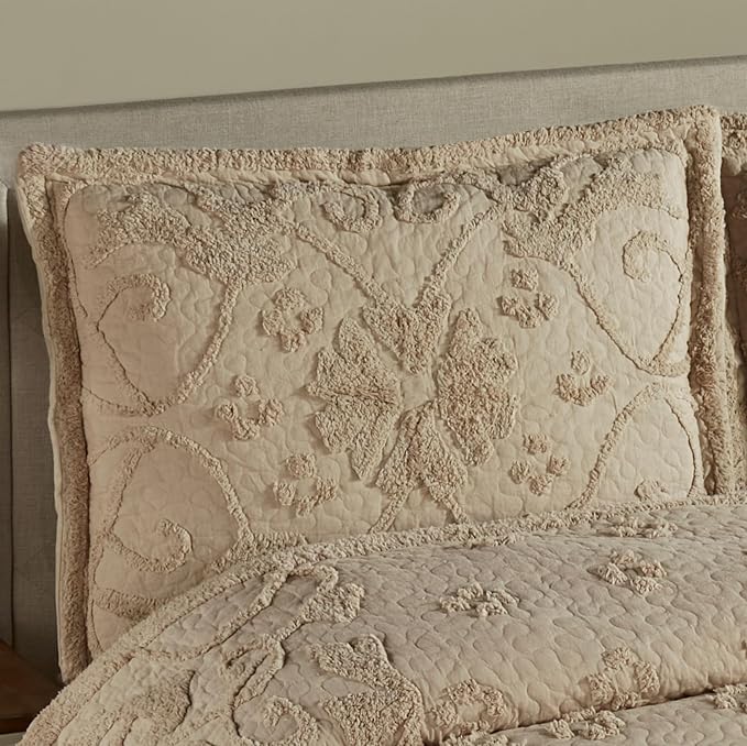 Lorenza Pure Cotton Chenille Bedding | Neutral Tone Sand | Soft Tufted Scrollwork, Floral and Stripe Designs | Solid Color 3-Piece Quilted Bed Set includes Oversized King Quilt and 2 King Pillow Shams